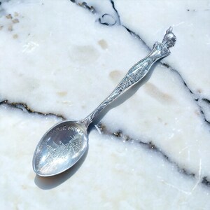 Peut inclure: Cuillère souvenir en argent avec un manche orné et une image détaillée d'une ville sur le bol. La cuillère est gravée des mots "Sault Ste. Marie, Mich."
