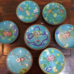 Vintage Chinese Cloisonné Dishes decorated with dragons and floral scenes