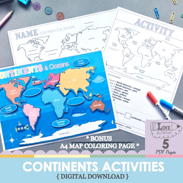 Continent Worksheets with Matching Activity, Homeschool Preschool Unit, Kindergarten Busy Binder, Kids World Map Instant Download. Busy Book