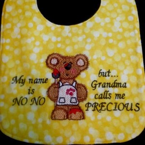 REVERSIBLE GRANDMA Baby Bib; GRANDMA calls me Precious, Sweet and Adorable, Handmade, Embroidered Baby Bib: Bear With Paint Design