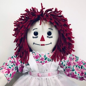 15 inch Handmade Raggedy Ann Doll; Red, Burgundy or Orange Hair, Pink flower dress,embroidered apron, optional Personalization