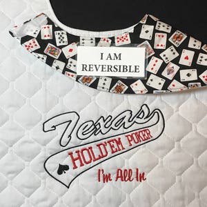 REVERSIBLE, Handmade, Adult Bib/Apron/Clothing Protector; Playing Cards/Texas Hold&#39;em embroidery,Gift for Seniors,Nursing Home Gift