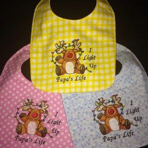 Reversible PAPA Baby Bib, adorable, Handmade, Embroidered and Rdversible baby bib; I Light Up Papa&#39;s Life /Reindeer w/lights Embroidery
