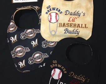 REVERSIBLE Milwaukee Brewers inspired Baby Bib; Daddy's Baseball Buddy, Handmade; Baseball diaper pin Embroidery, personalization option