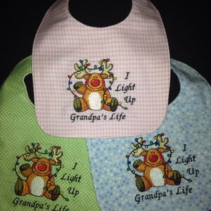 GRANDPA Handmade, Embroidered, Reversible Baby Bib: I Light Up Grandpa&#39;s Life