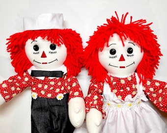 PAIR of 20 inch Handmade Raggedy Ann and Andy Dolls ;Burgundy Hair, Red dress with Dasies, Matching Andy, optional Personalization