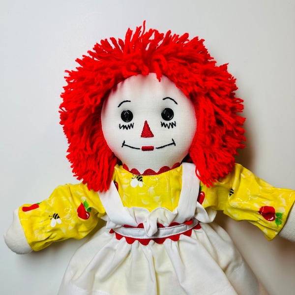 15 inch Handmade Raggedy Ann Doll; Handmade, Red Hair, Lemon Yellow  Dress with Apples and Bees, embroidered apron
