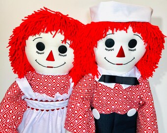 Pair of 36 Inch Handmade Raggedy Ann and Raggedy Andy Dolls; Red