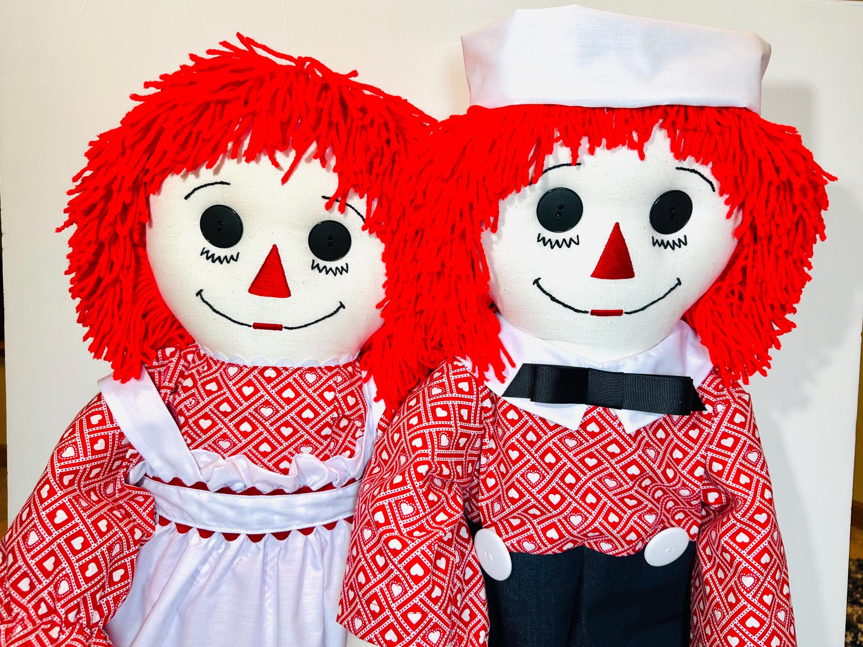 Pair of 36 Inch Handmade Raggedy Ann and Raggedy Andy Dolls; Red