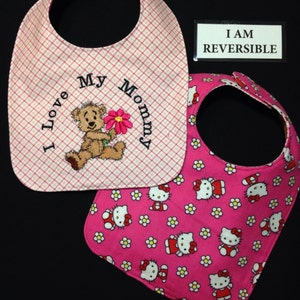 Reversible I Love my MOMMY Baby Bib, Teddy Bear Embroidery; I love my Auntie baby bib, I love my Grandma baby bib, baby girl/baby boy gift