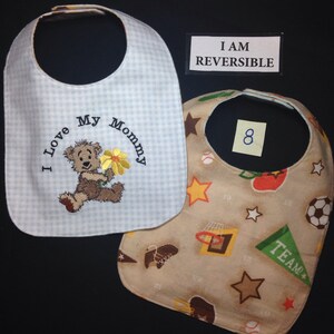 I Love my MOMMY, Reversible, Handmade Baby Bib; Girl/Boy baby shower gift, Bear with Hearts embroidery; I love my Auntie, I love my Grandma