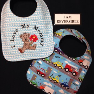 Reversible, handmade I Love my Mommy baby bib,Grandma/ Mommy/Auntie Baby Bib, Baby Boy shower gift, Unique Baby bib, handmade,personalized