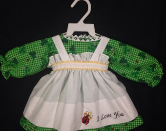 Irish Dress and Apron for 25 inch Raggedy Ann Doll; Tiny Green check dress with Shamrocks daisies and Ladybugs,with Embroidered Apron