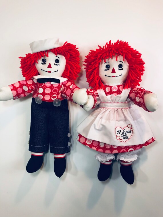 Pair of 15 Inch Handmade Raggedy Ann and Andy Dolls/red Hair, Red