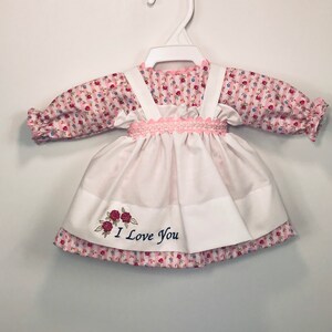 Size 25 inch Dress,Apron,and/or Pantaloons for Raggedy Ann Doll; Pink dress with roses , embroidered Apron, optional Personalization