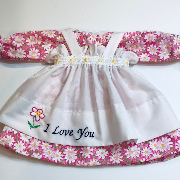 Size 20 inch Dress,Apron,and/or Pantaloons for Raggedy Ann Doll; Pink dress with daisies , embroidered Apron, optional Personalization