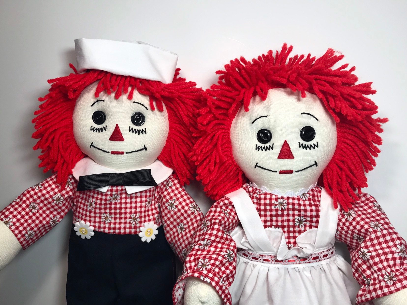 PAIR of 20 Inch Handmade Raggedy Ann and Andy Dolls ;red Hair, Red