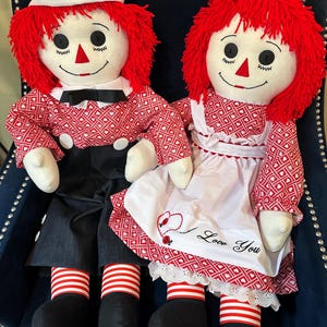 Pair of 36 Inch Handmade Raggedy Ann and Raggedy Andy Dolls; Red