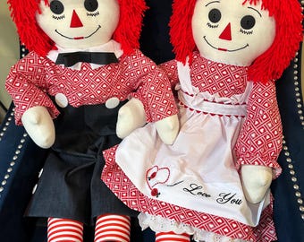 Pair of 36 Inch Handmade Raggedy Ann and Raggedy Andy Dolls; Red