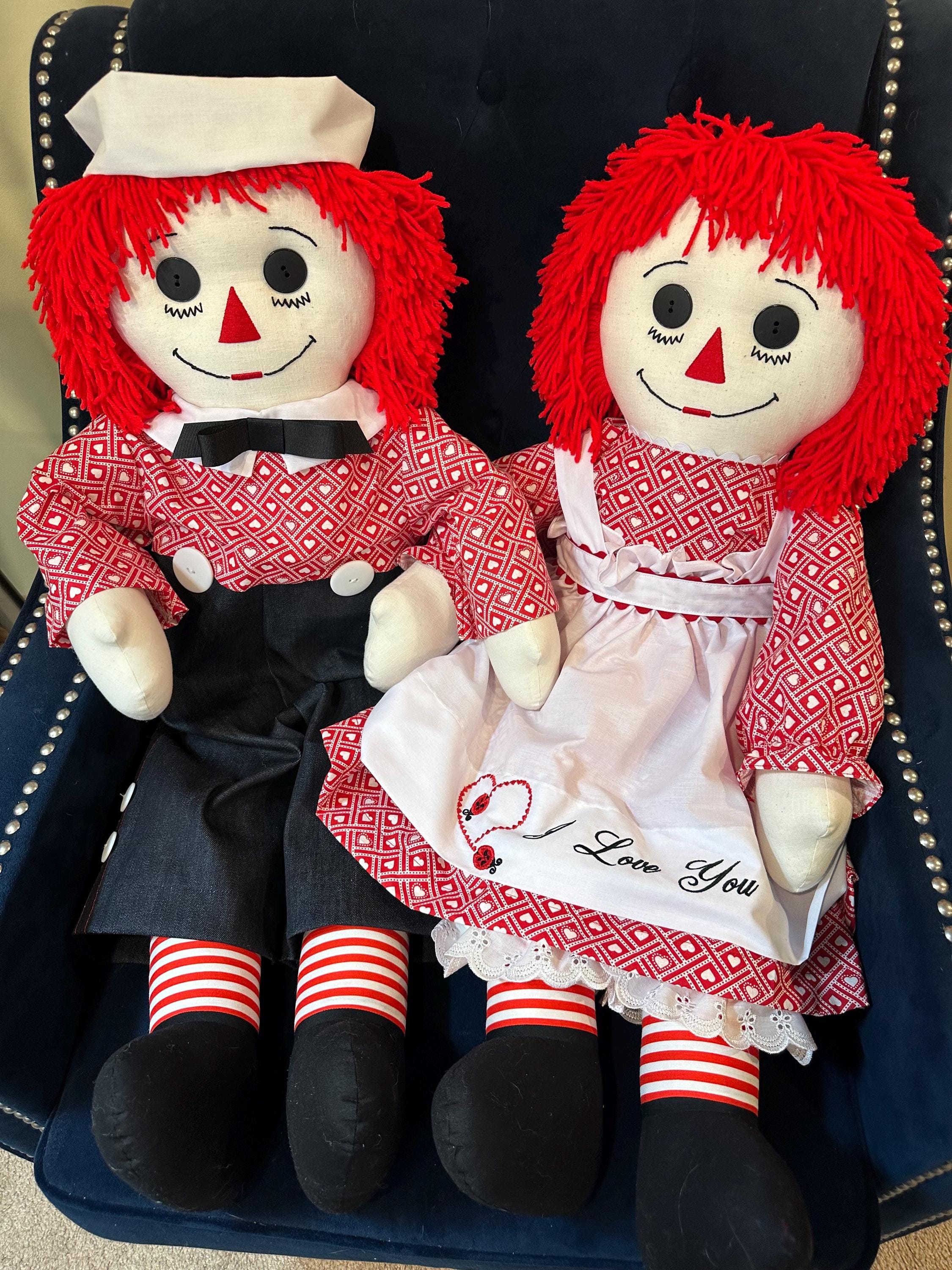 Pair of 36 Inch Handmade Raggedy Ann and Raggedy Andy Dolls; Red