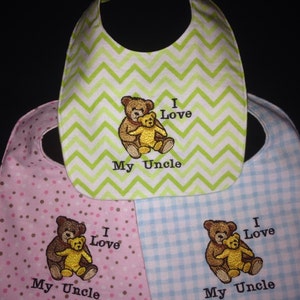 REVERSIBLE UNCLE Embroidered, Handmade Baby Bib; I Love My Uncle, Two Bears Embroidery Design.
