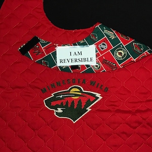 REVERSIBLE, Minnesota WILD Handmade,Adult Bib/Apron/Clothing Protector; Hockey Embroidery, Fun, Functional Attire