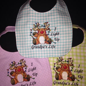 Reversible GRANDPA Baby Bib, Handmade, Embroidered, Adorable Baby Bib: I Light Up Grandpa&#39;s Life, Reindeer Embroidery Design