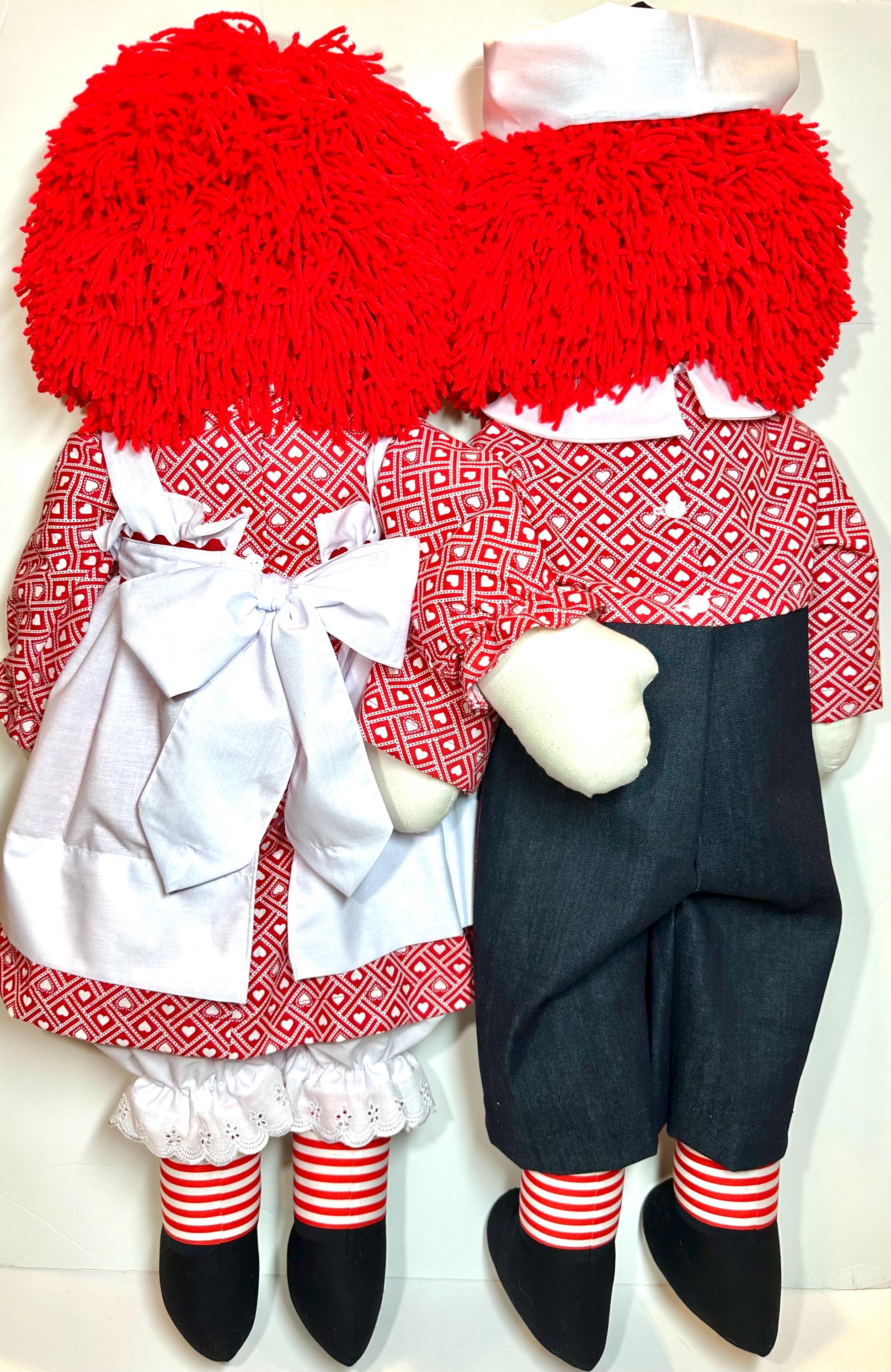 Pair of 36 Inch Handmade Raggedy Ann and Raggedy Andy Dolls; Red