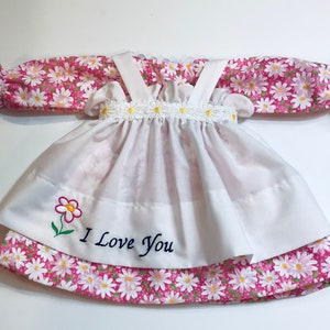 Size 25 inch Dress,Apron,and/or Pantaloons for Raggedy Ann Doll; Pink dress with daisies , embroidered Apron, optional Personalization