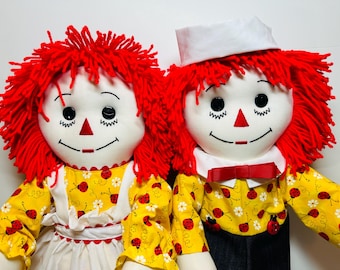 PAIR of 25 inch Handmade Raggedy Ann and Andy Dolls;Red or Burgundy Hair, yellow dress with Ladybugs,Matching Andy, optional Personalization
