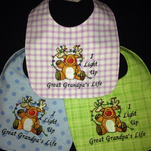 Reversible, GREAT GRANDPA Baby Bib; Sweet and Adorable, Embroidered, Handmade, I Light up Great Grandpa&#39;s Life, Reindeer Embroidery