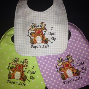 Reversible, PAPA Baby Bib, Adorable and handmade; I Light Up Papa&#39;s Life /Reindeer With Lights Embroidery Design