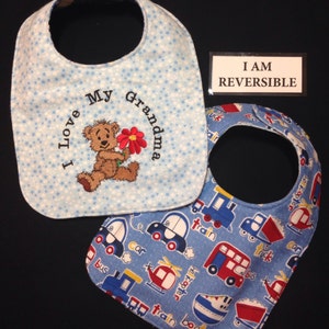 Reversible, handmade GRANDMA, Auntie, Mommy Baby Bib,I Love my Grandma Bib, Baby Boy shower gift, Teddy Bear embroidery,Unique baby bib