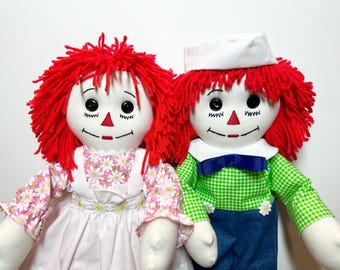 PAIR of 20 inch Handmade Raggedy Ann and Andy Dolls ;Red,Burgundy, or Orange Hair,Pink Daisy Dress,Andy with green checkered shirt and denim