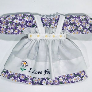 Size 20 inch Dress,Apron,and/or Pantaloons for Raggedy Ann Doll; Purple dress with daisies , embroidered Apron, optional Personalization