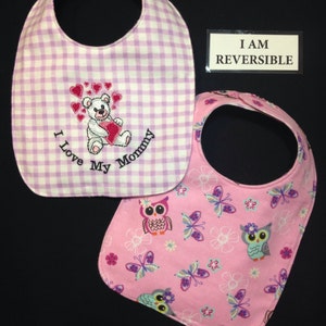 REVERSIBLE I Love My Mommy/Big Sister/Big Brother Baby Bib, Baby Girl Shower Gift, Handmade, Embroidered Baby Bib, Personalized/Custom bibs