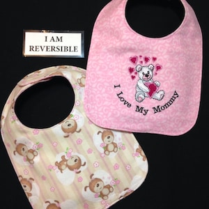 REVERSIBLE I Love My Mommy/Big Sister/Big Brother Baby Bib, Baby Girl Shower Gift, Handmade, Embroidered Baby Bib, Personalized/Custom bibs