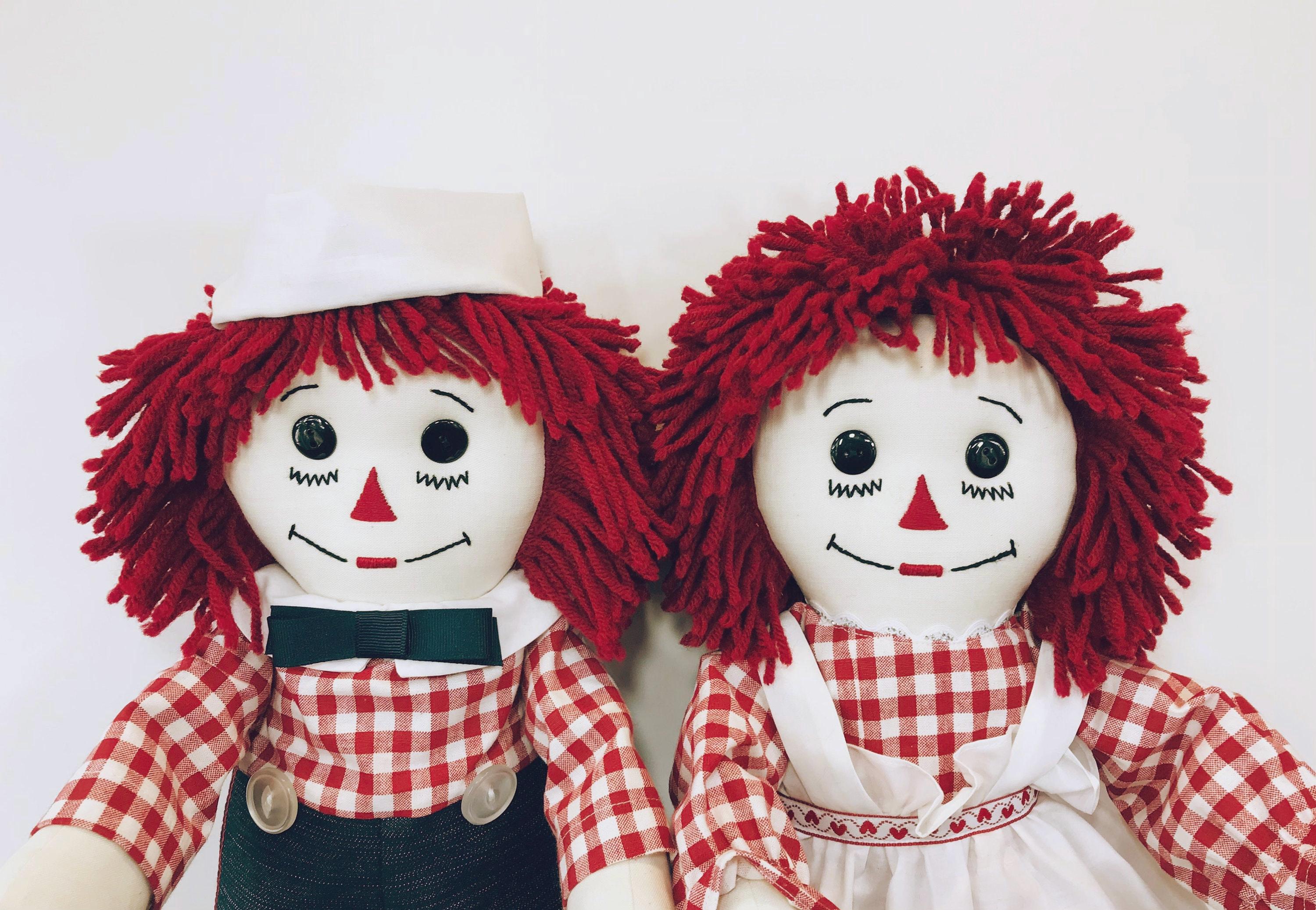 PAIR of 20 Inch Handmade Raggedy Ann and Andy Dolls ;burgundy Hair