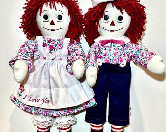 Matching Pair of 20 Inch Handmade Raggedy Ann and Andy Dolls