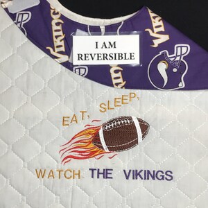REVERSIBLE, Minnesota Vikings NFL Football Adult Bib/Clothing Protector/Apron;Handmade,quilted,Tailgating, nursing home gift, special needs,
