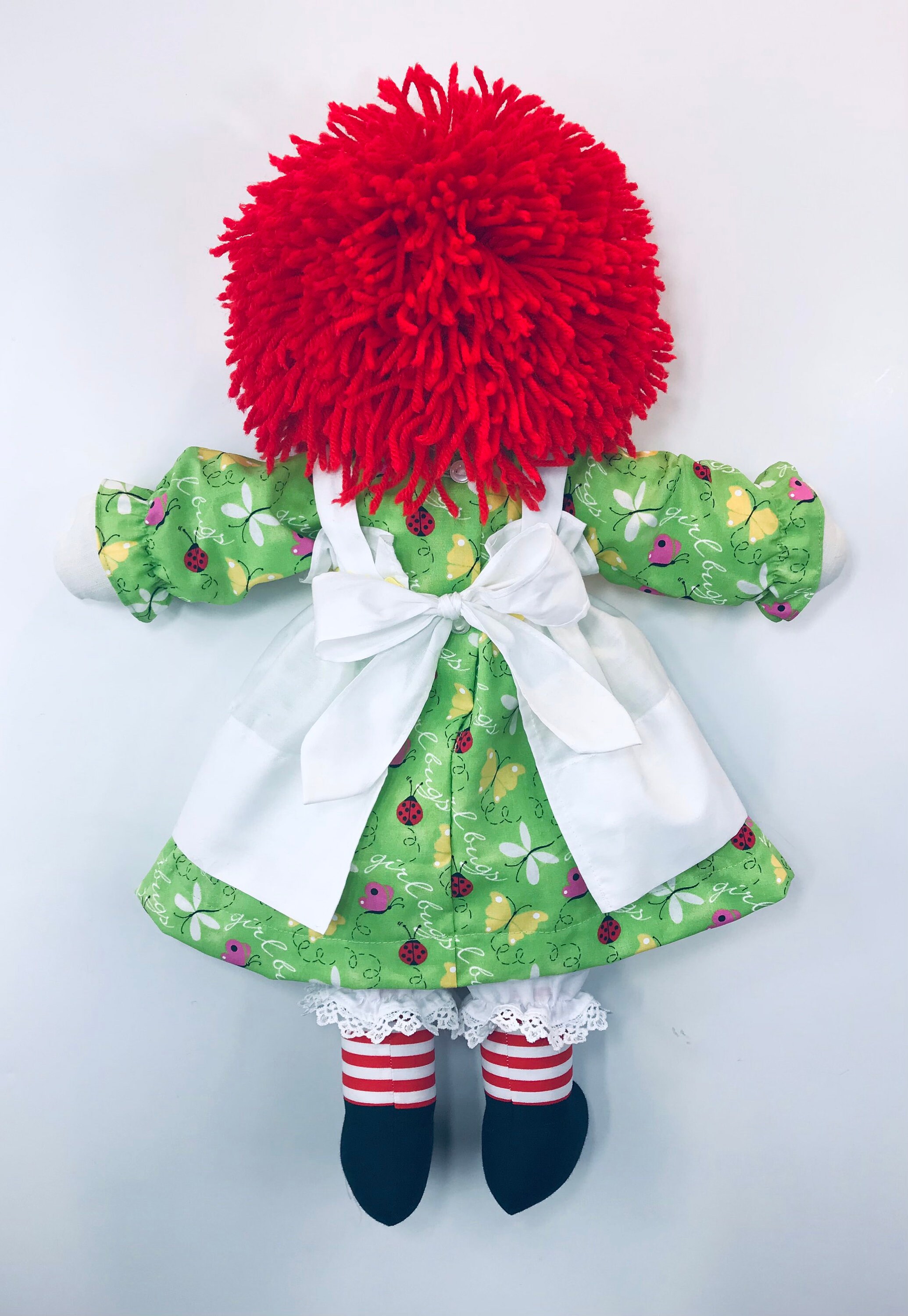 20 Inch Handmade Raggedy Ann Doll/orange or Red Hair, Green Dress With Ladybugs and Butterflies, Embroidered Apron, Optional Personalization