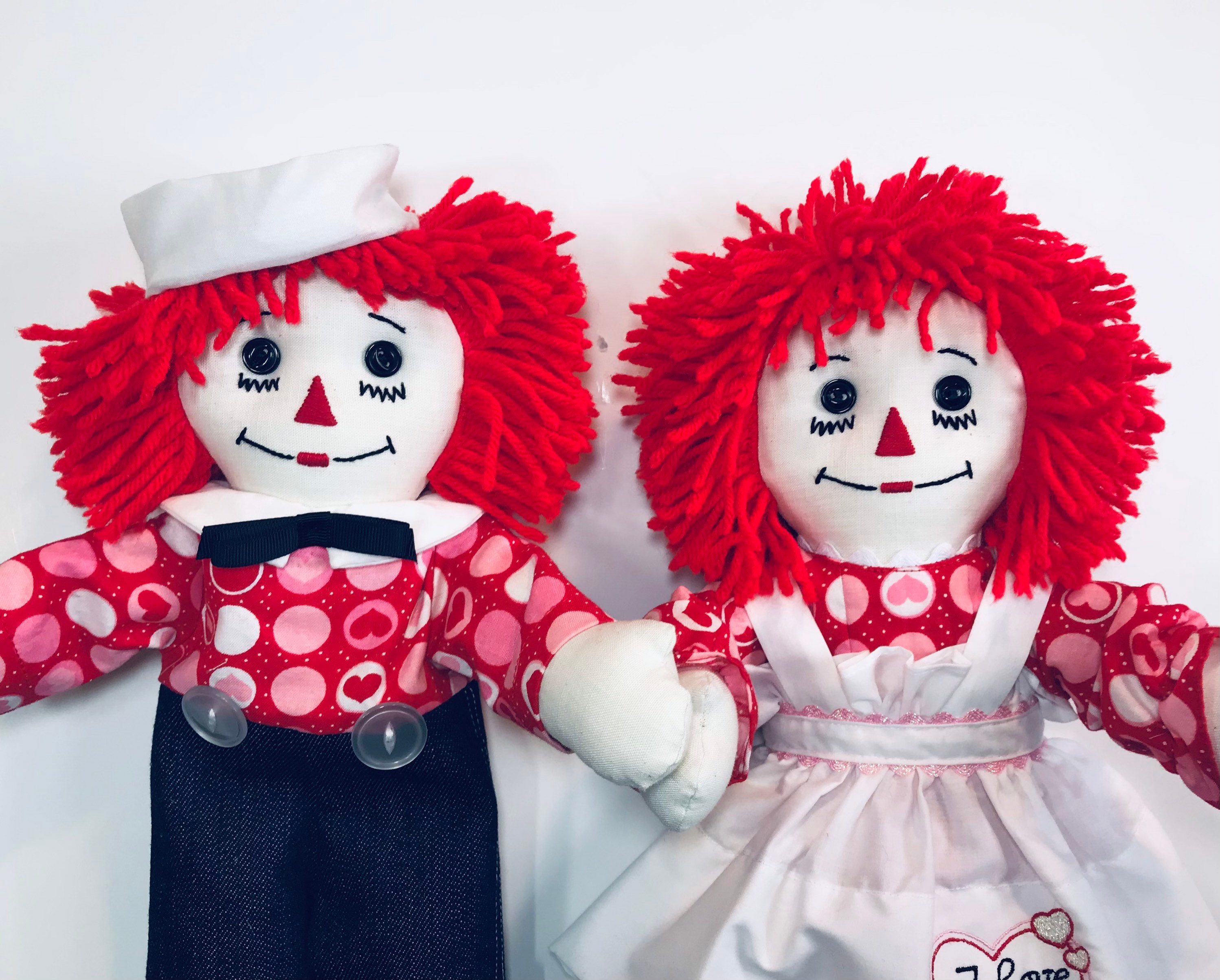 Pair of 15 Inch Handmade Raggedy Ann and Andy Dolls/red Hair, Red Dress  With Hearts, Embroidered Apron - Etsy