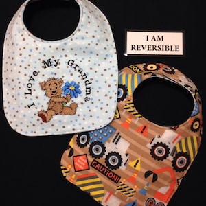 Reversible, handmade GRANDMA Baby Bib,I Love my Grandma Bib, Baby Boy shower gift, Teddy Bear with flower Embroidery design, Unique Baby bib