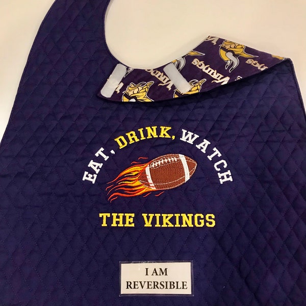 REVERSIBLE, Minnesota Vikings NFL Football,Handmade,Quilted, Embroidered Adult Bib/Clothing Protector/Apron,Fun,Functional Tailgating Attire