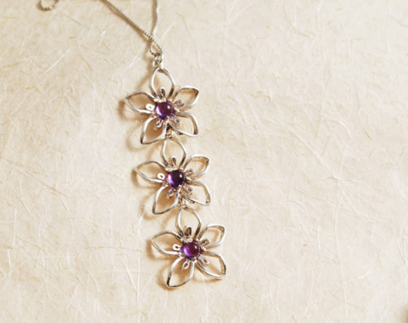 Long Pendant Necklace Cascading Necklace Flower Necklace Amethyst Necklace February Birthstone Necklace Personalized Necklace