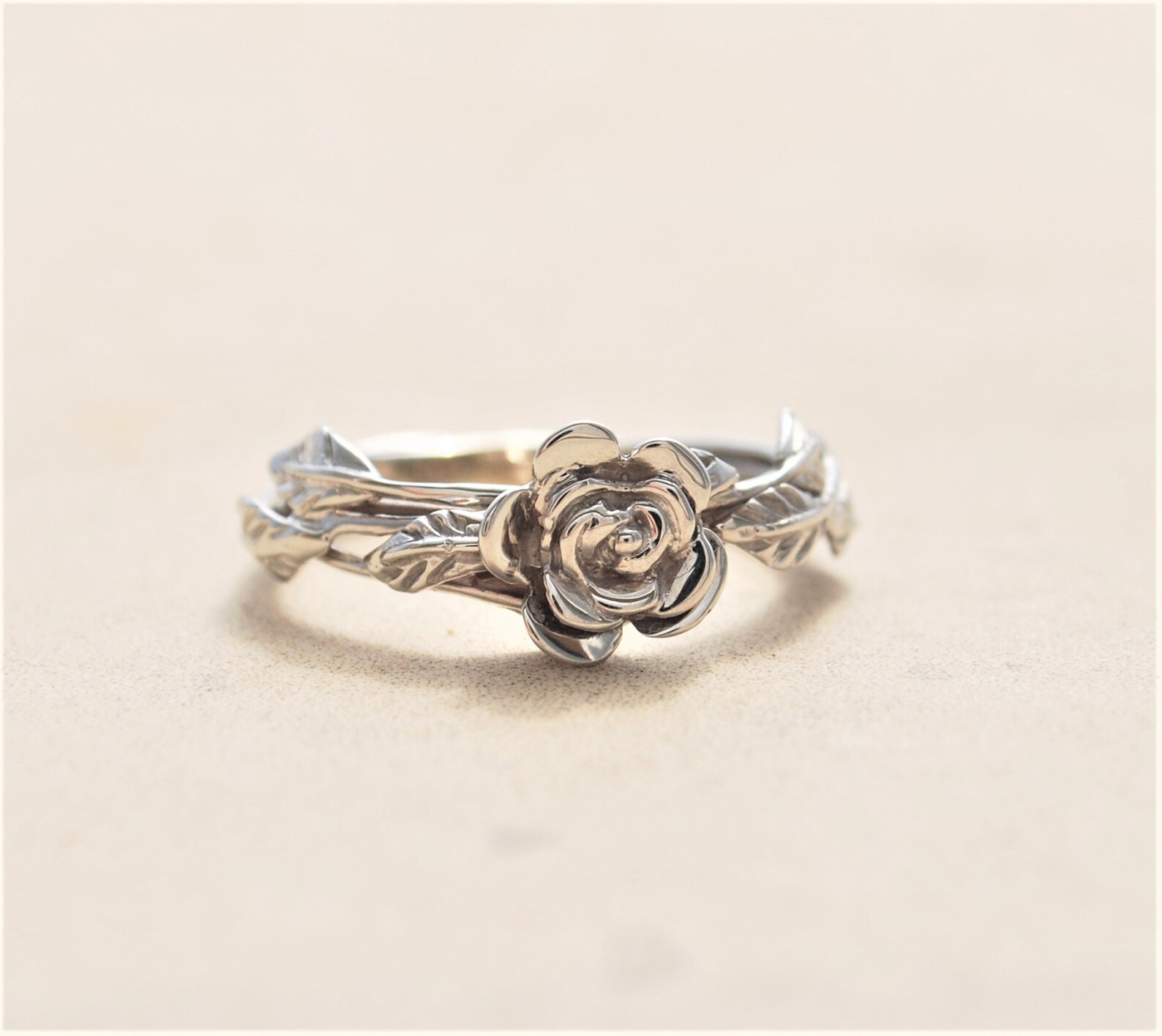 Gold Flower Ring Nature Engagement Ring 14K White Gold Etsy
