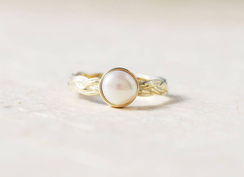 Unique Engagement Ring Pearl Engagement Ring Personalized Ring June Birthstone Ring Braided Gold Ring 14K Gold Engagement Ring