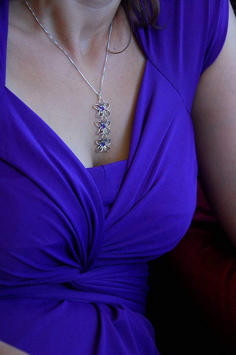 Long Pendant Necklace Cascading Necklace Flower Necklace Amethyst Necklace February Birthstone Necklace Personalized Necklace