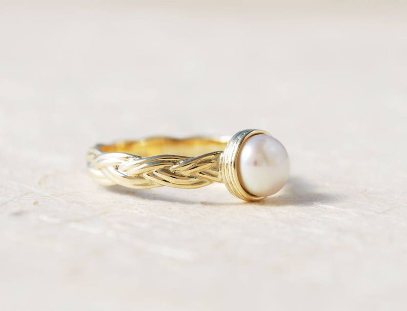 Unique Engagement Ring Pearl Engagement Ring Personalized Ring June Birthstone Ring Braided Gold Ring 14K Gold Engagement Ring