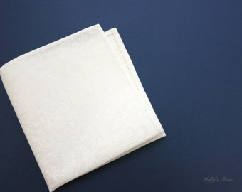 White Paisley Hand Rolled Hem Pocket Square - Men's Handkerchief